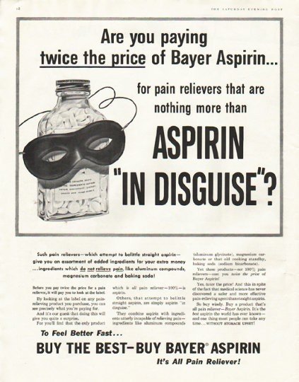 1956 Bayer Aspirin Ad "twice the price"