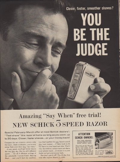 1960 Schick Electric Razor Ad "You be the judge"