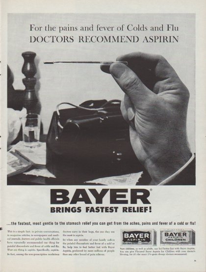 1961 Bayer Aspirin Ad "pains and fever of Colds and Flu"