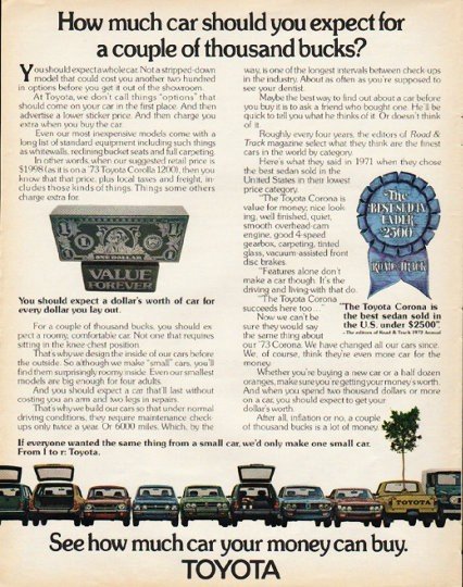 1973 Toyota Ad "couple of thousand bucks" ~ (model year 1973)