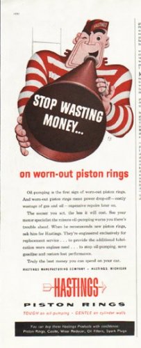 1956 Hastings Piston Rings Ad "Stop wasting money"