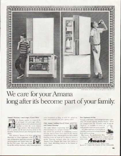 1964 Amana Refrigerator Ad "We care"