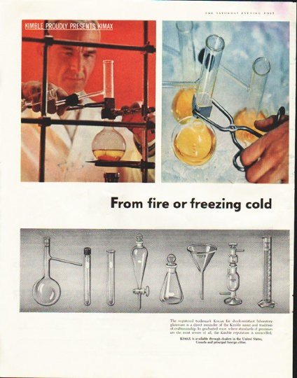 1958 Kimble Glass Company Ad "fire or freezing cold"