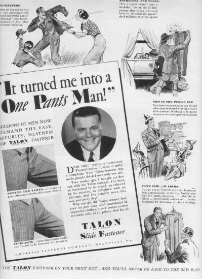 1937 Talon Slide Fastener Ad "One Pants Man"