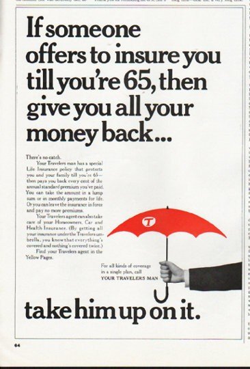 1965 Travelers Insurance Ad "all your money back"
