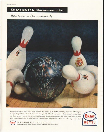 1958 Enjay Butyl Ad "bowling more fun"