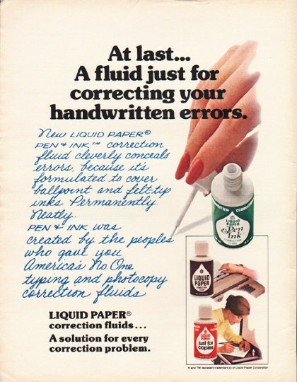 1980 Liquid Paper Correction Fluid Ad "At last"