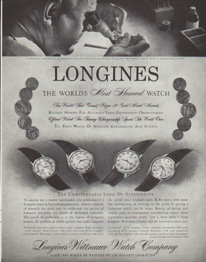 1958 Longines-Wittnauer Watch Ad "Most Honored"