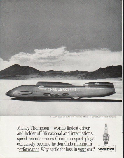 1963 Champion Spark Plugs Ad "Mickey Thompson"