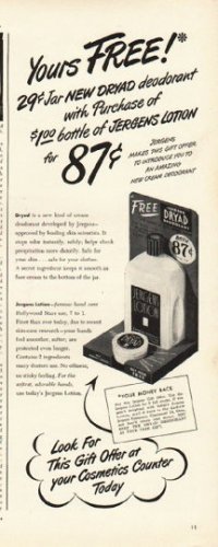 1948 Dryad Deodorant Ad "Yours Free"