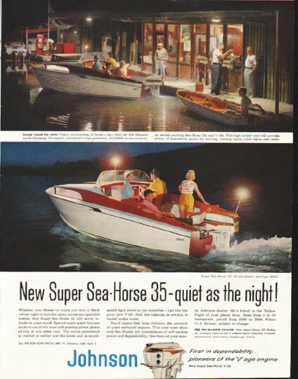 1958 Johnson Outboard Engine Ad "quiet as the night"