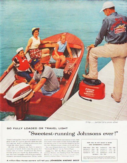 1957 Johnson Outboard Engine Ad "Go Fully Loaded"