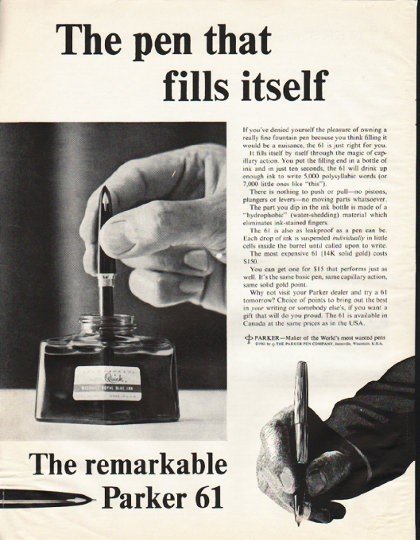 1961 Parker Pen Ad "fills itself"