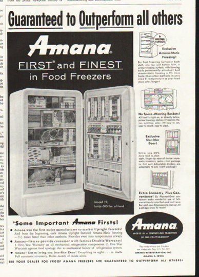 1958 Amana Freezer Ad "First and Finest"