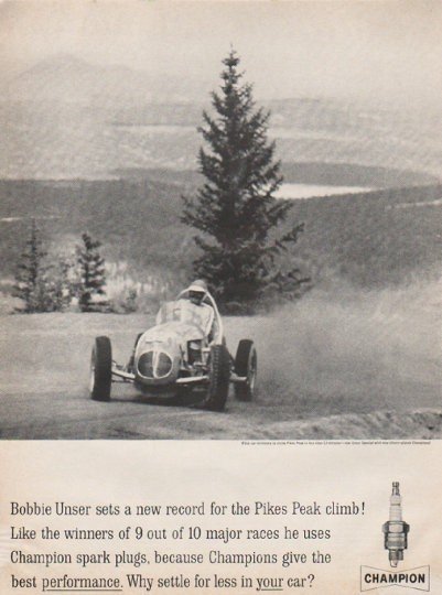 1961 Champion Spark Plugs Ad "Pikes Peak climb"