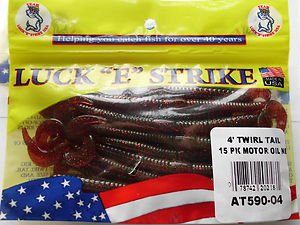 Luck"E"Strike Soft Baits Lures 4" Worms Twirl Tail Motor Oil 15ea NewInPk