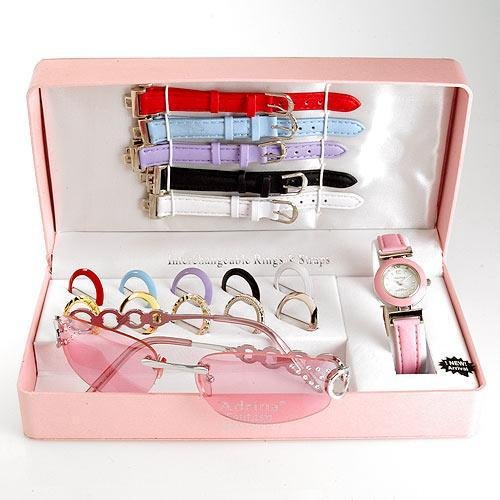 Fashionable ADRINA Ladies Watch with Interchangable Bezel, Bands along with Sunglasses