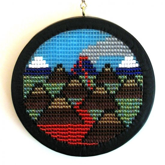 Volcanic Landscape, Daybook # 070702 - Leather Framed Beadwork (Bead Work) Wall Hanging