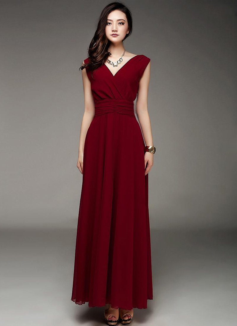V Neck & V Back Burgundy Maxi Dress with Ruched Waist Yoke RM53