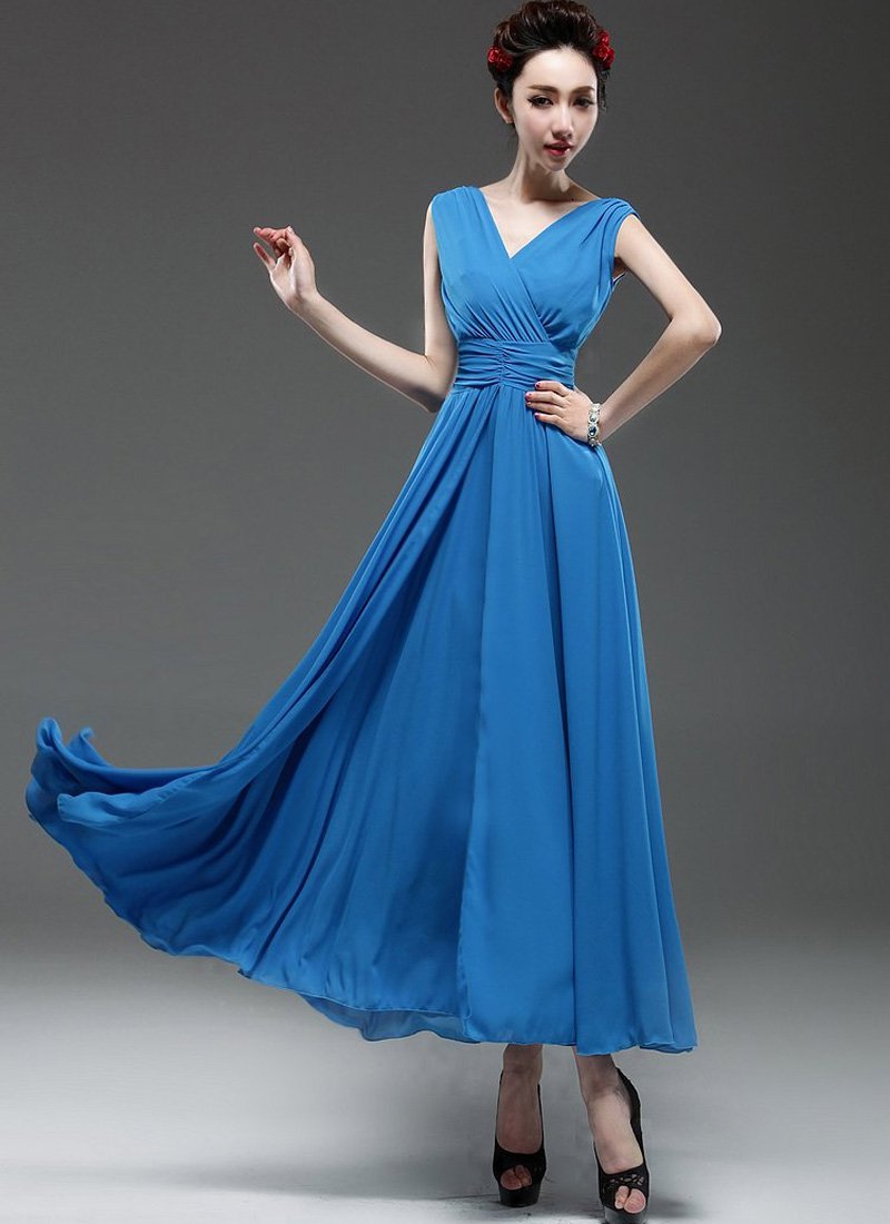 V Neck & V Back Blue Maxi Dress with Ruched Waist Yoke