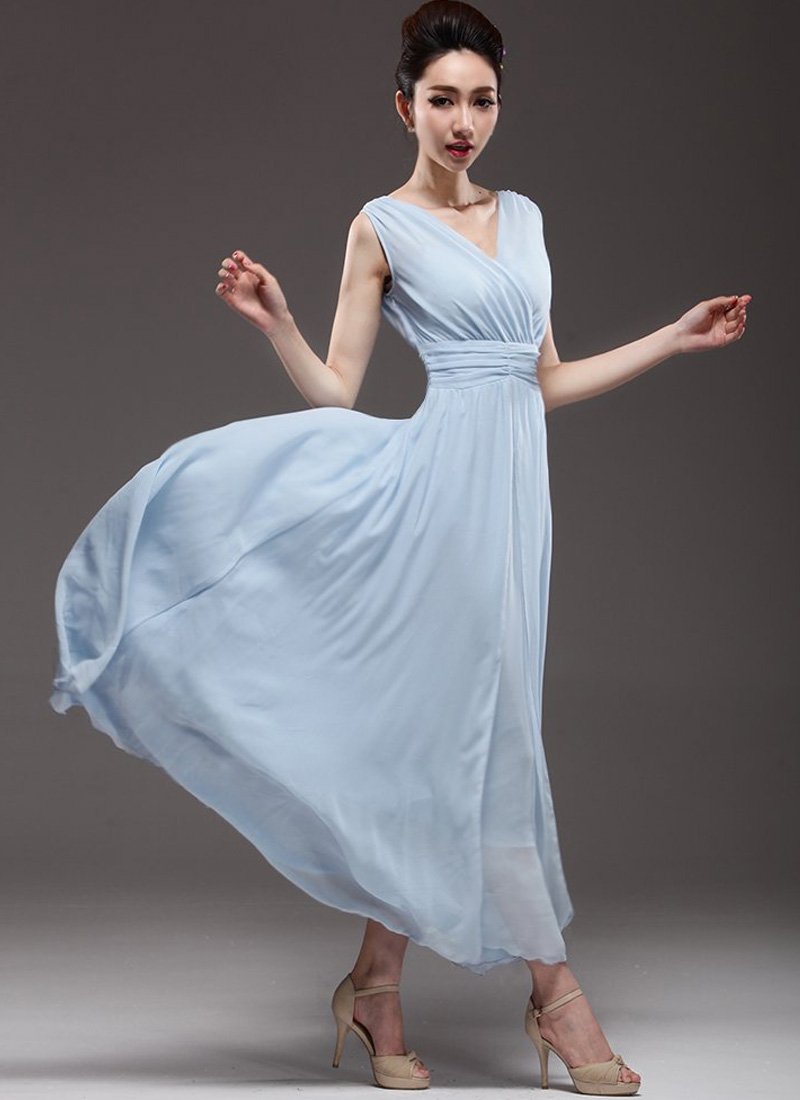 V Neck & V Back Light Blue Maxi Dress with Ruched Waist Yoke RM53