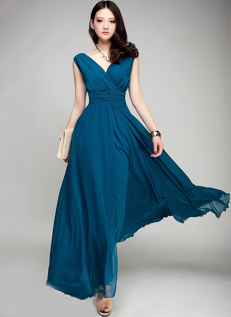 V Neck & V Back Teal Maxi Dress with Ruched Waist Yoke RM53