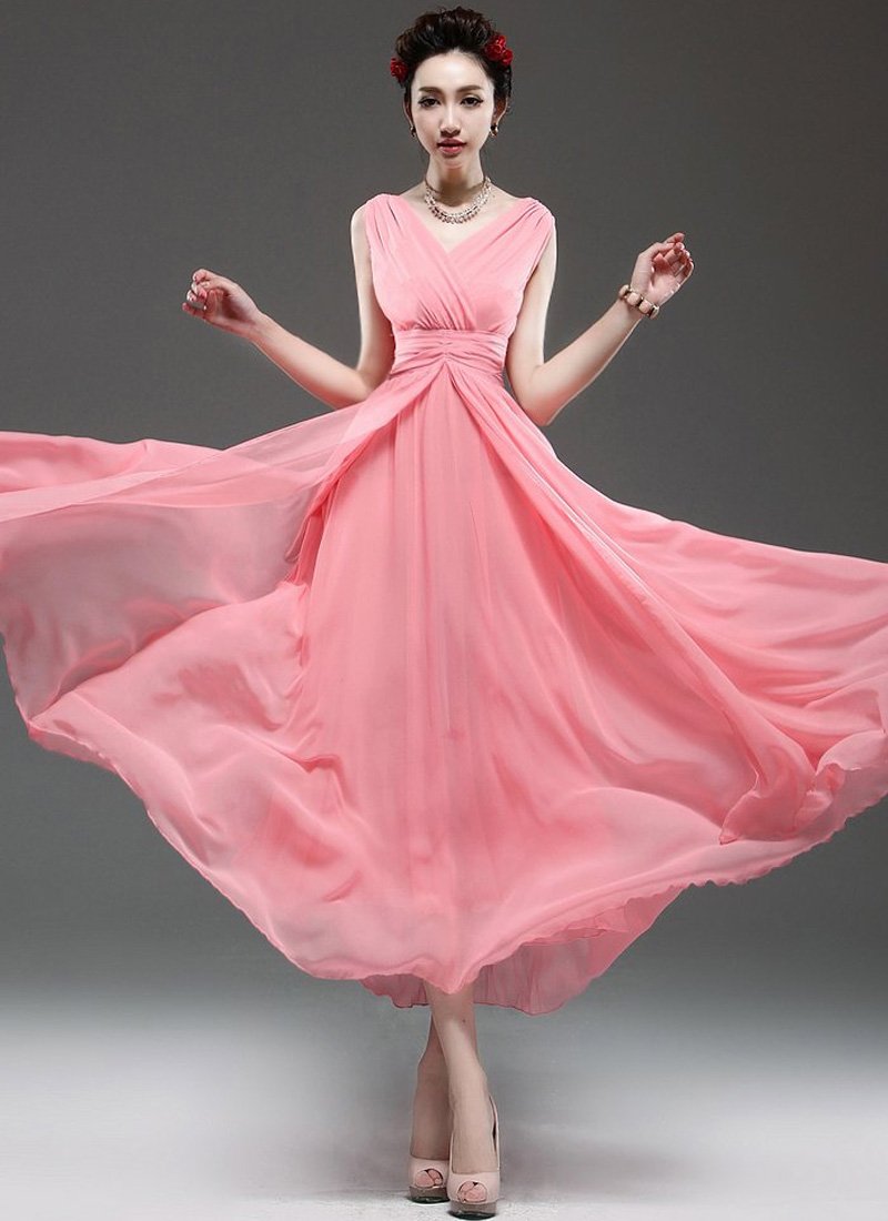 V Neck & V Back Coral Maxi Dress with Ruched Waist Yoke RM53