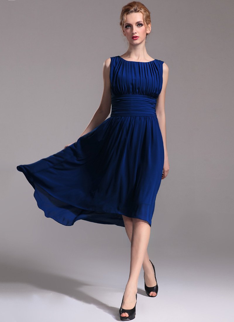 Pleated Blue Hi Lo Hem Dress with Empire Waist
