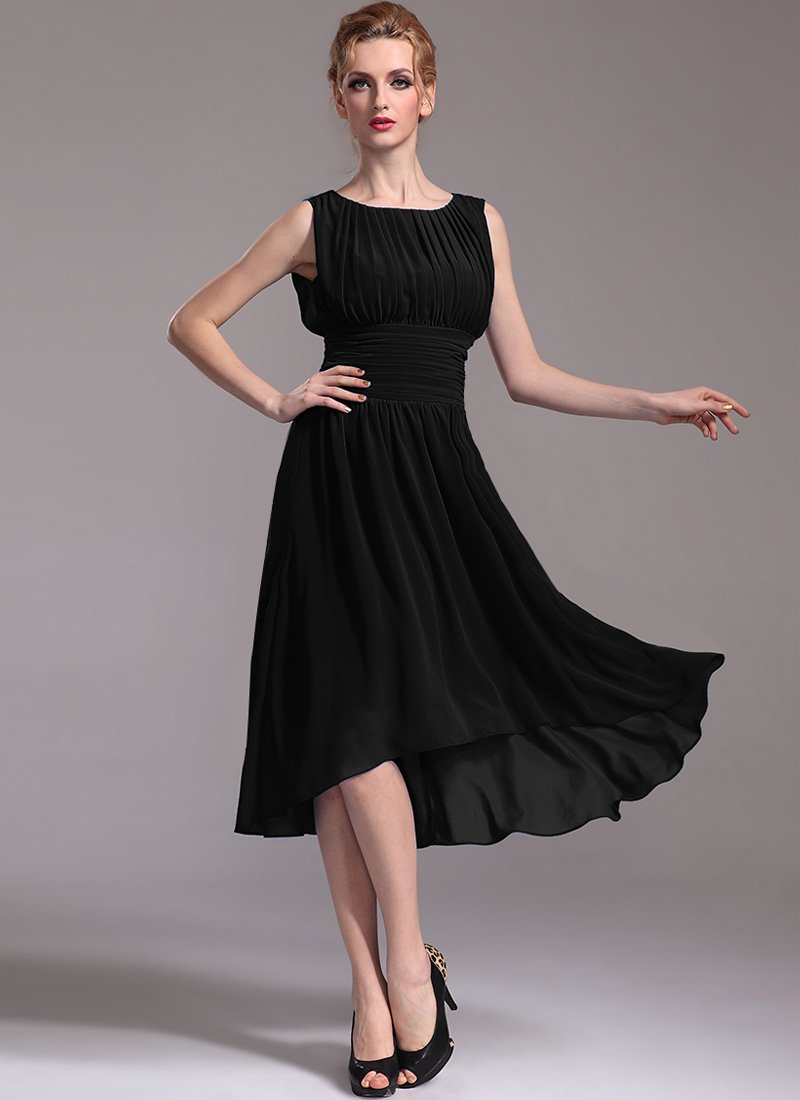 Pleated Black Hi Lo Hem Dress with Empire Waist - Black Tea Dress R25