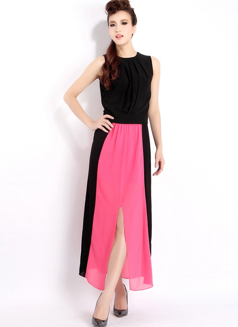 Black & Fuchsia Maxi Dress with Open Back & Front Slit RM23