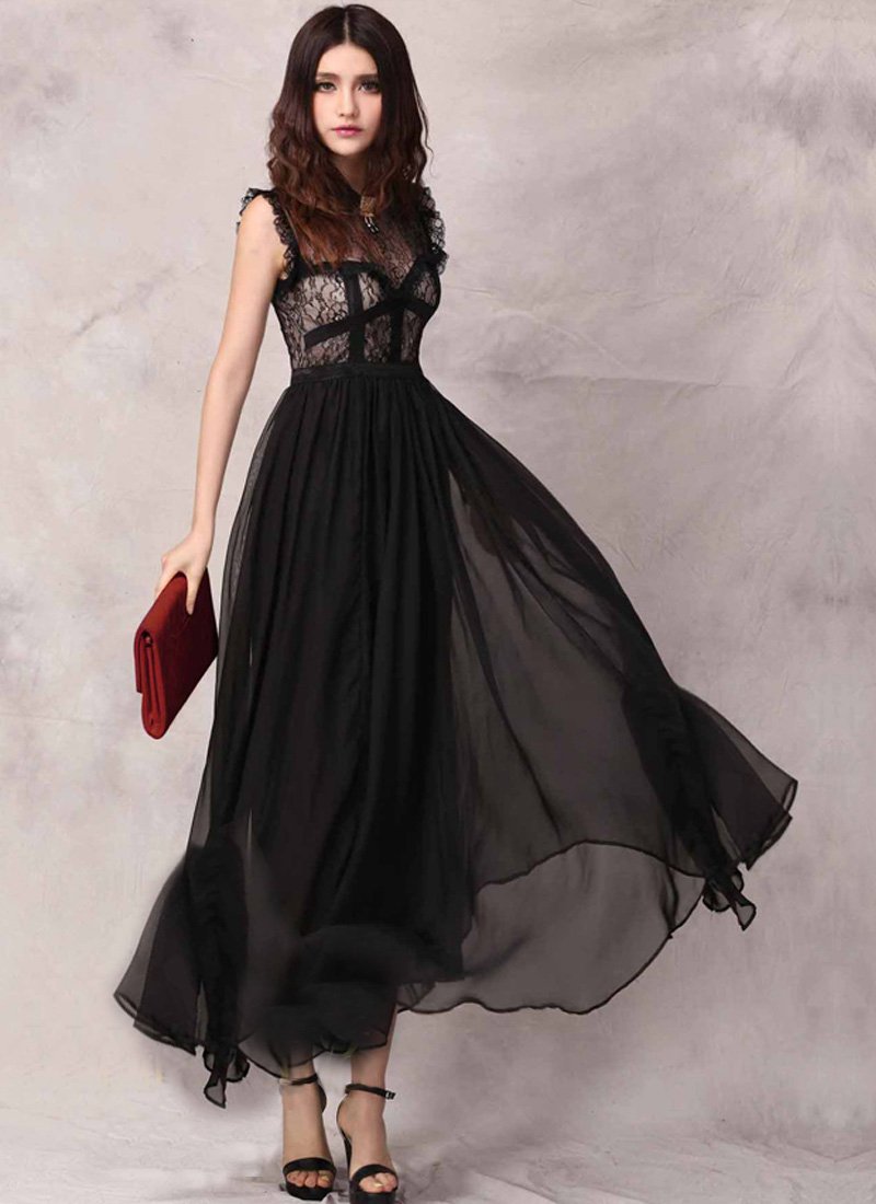 Black Lace & Chiffon Maxi Dress with Piping & Ruffle Details RM49