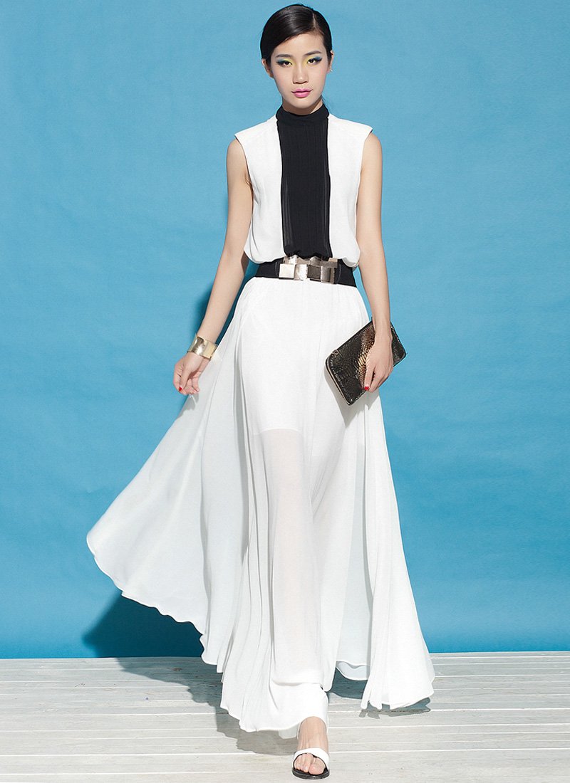 Stand Collar White Maxi Dress with Black Insertion RM55