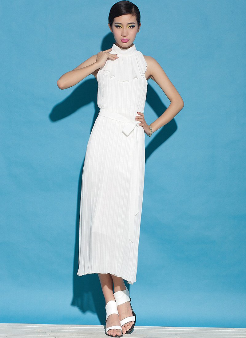 Pleated White Midi Dress with Draped Neck RM56