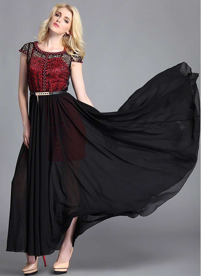 Beaded Black Lace Chiffon Maxi Dress with Red Slip RM63