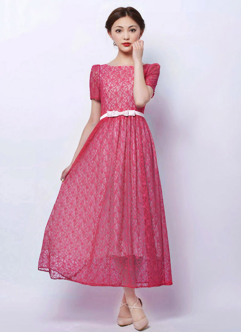 Fuchsia Lace Maxi Dress with Dusty Rose Pink Bow Belt RM79