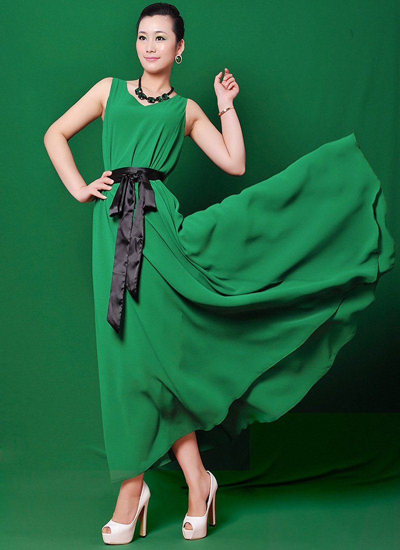 V Neck Green Maxi Dress with Black Satin Sash RM124