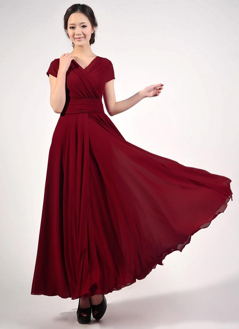 Cap Sleeve Maroon Maxi Dress with V Neck & Ruched Waist Yoke RM157