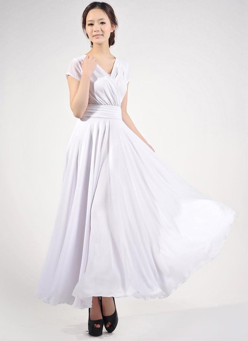 Cap Sleeve White Maxi Dress with V Neck & Ruched Waist Yoke RM157