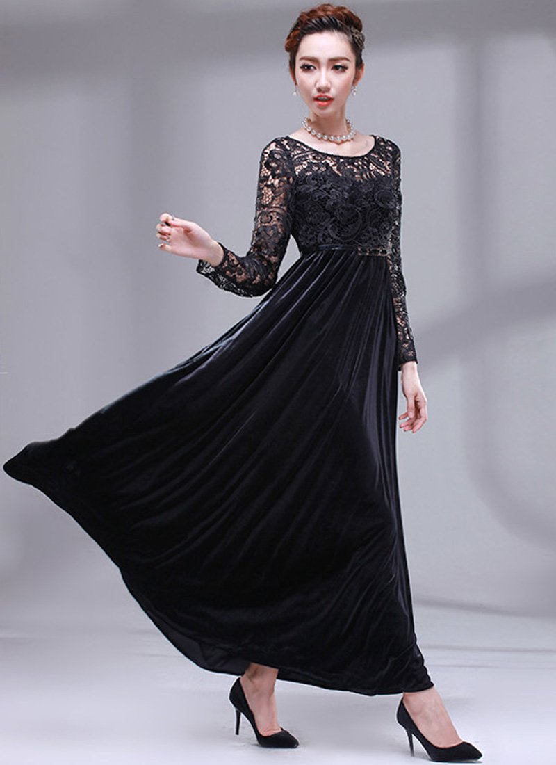 Long Sleeved Black Lace Velvet Maxi Dress RM158