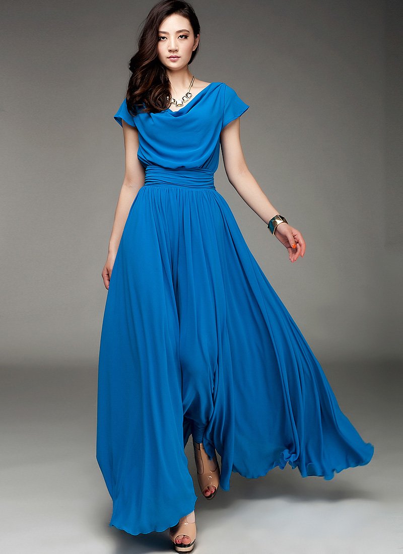 Blue Maxi Dress with Draped Neckline and Ruched Waist Yoke RM176