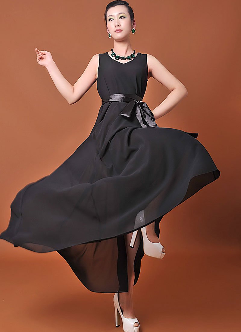 V Neck V Back Black Chiffon Maxi Dress with Satin Sash RM195