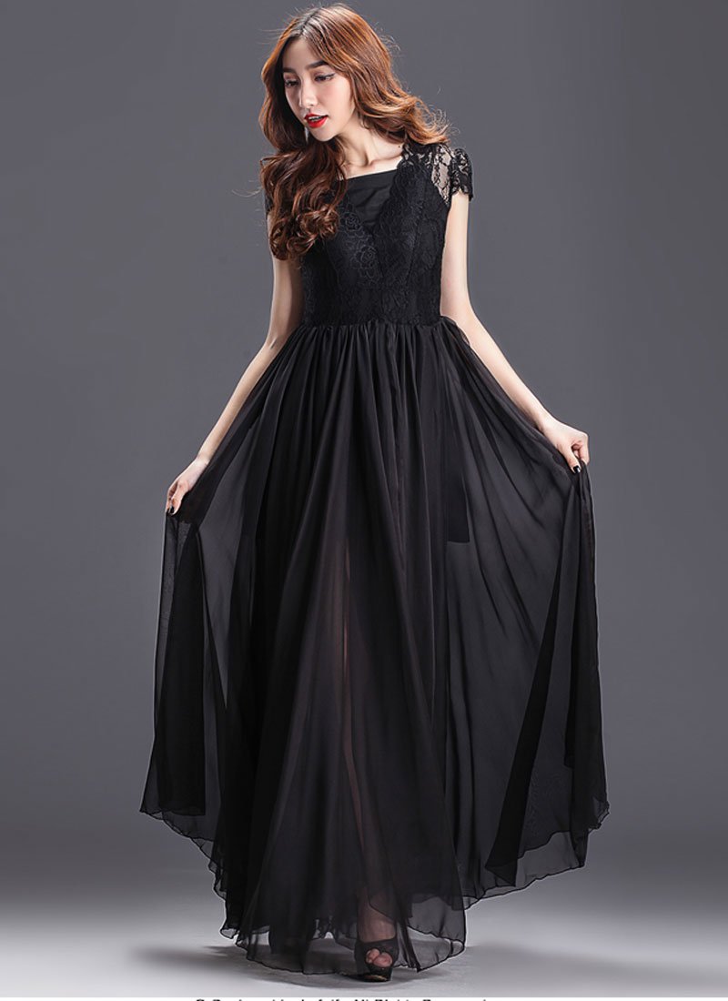 Black Maxi Dress with Lace Overlay and Cap Sleeves RM205