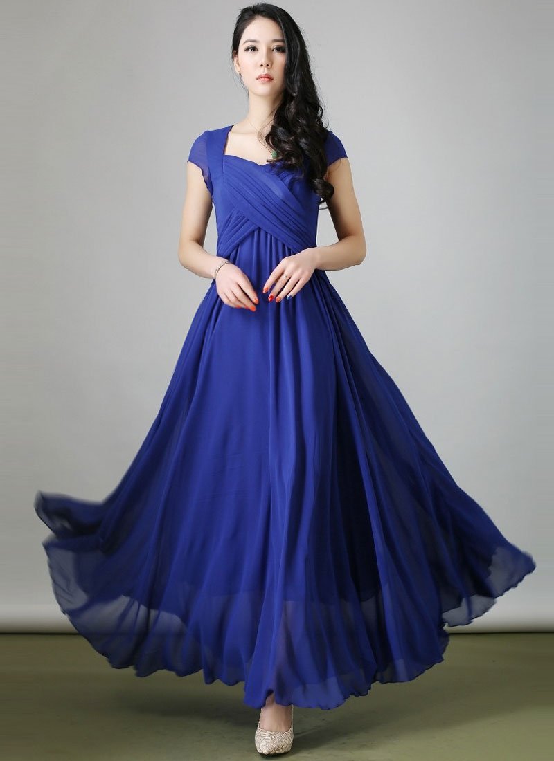 Royal Blue Maxi Dress with Cross-over Pleated Bodice and Modified Sweetheart Neck RM213