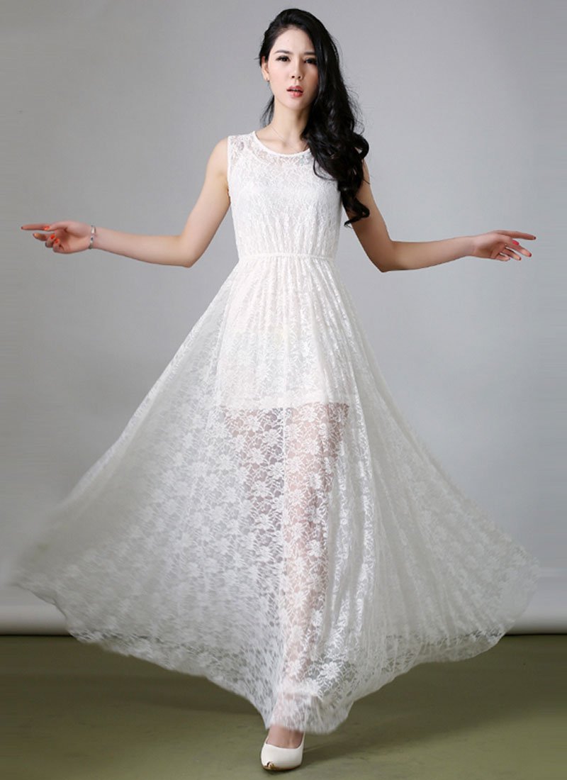 Sleeveless White Floral Lace Maxi Dress with Short Slip with Spaghetti Straps RM215