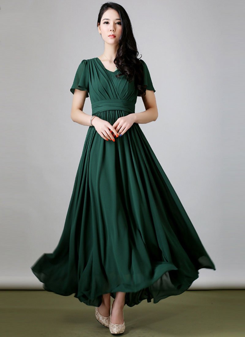 Dark Green Maxi Dress with Layered Front Bodice and Flutter Sleeves RM217