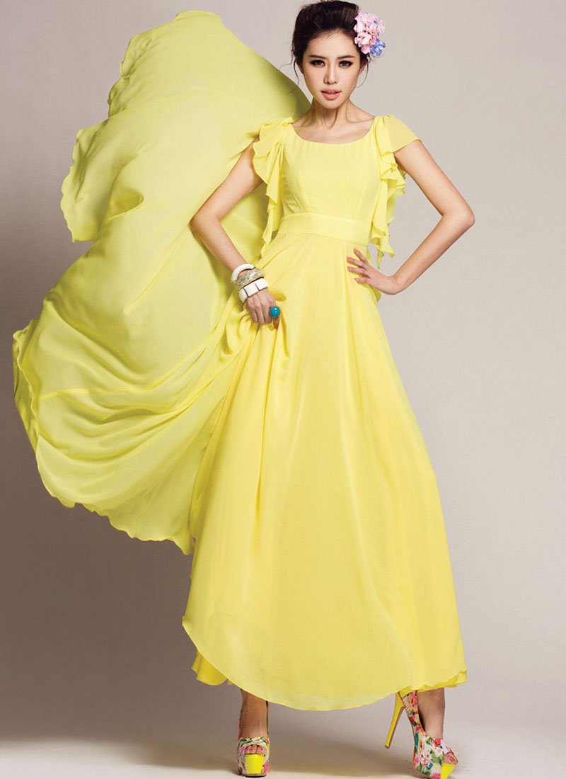 Yellow Maxi Dress with Waist Yoke and Modified Flutter Sleeves RM219