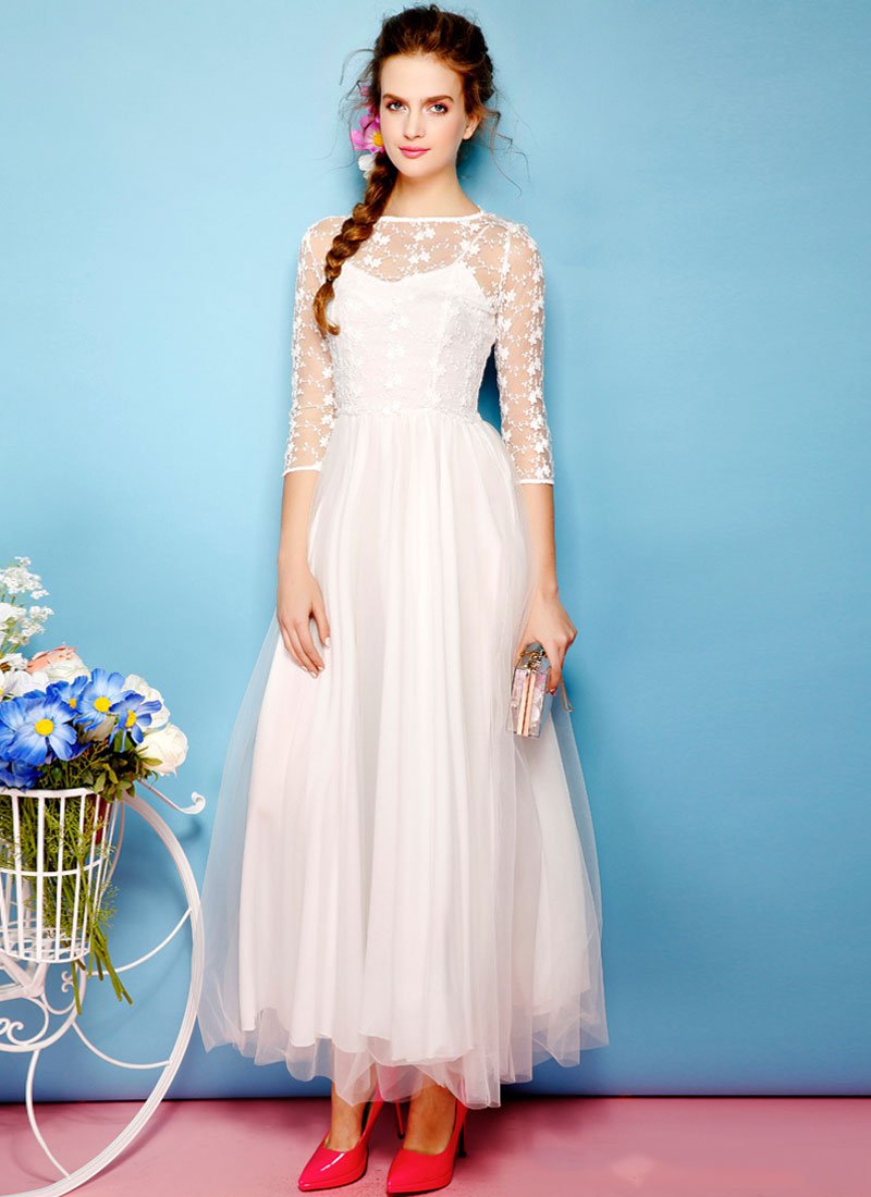 White Embroider Lace Maxi Dress with Tulle Overlay RM224