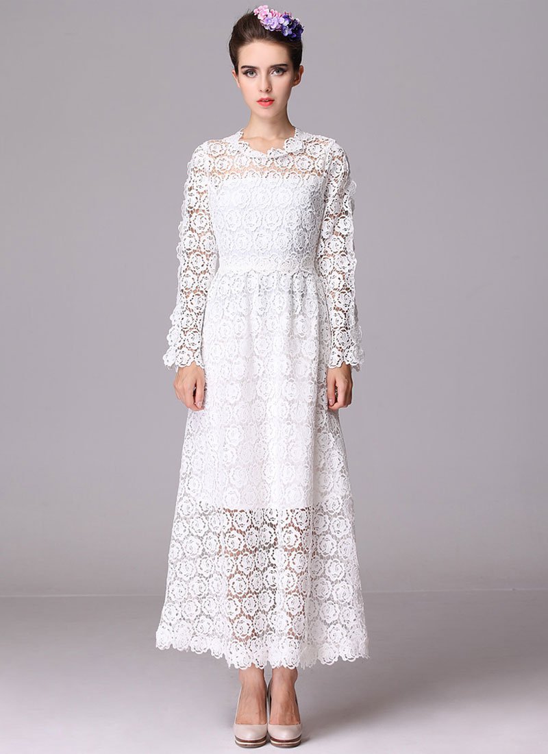 Long Sleeve White Rose Lace Maxi Dress with Scalloped Hem RM226