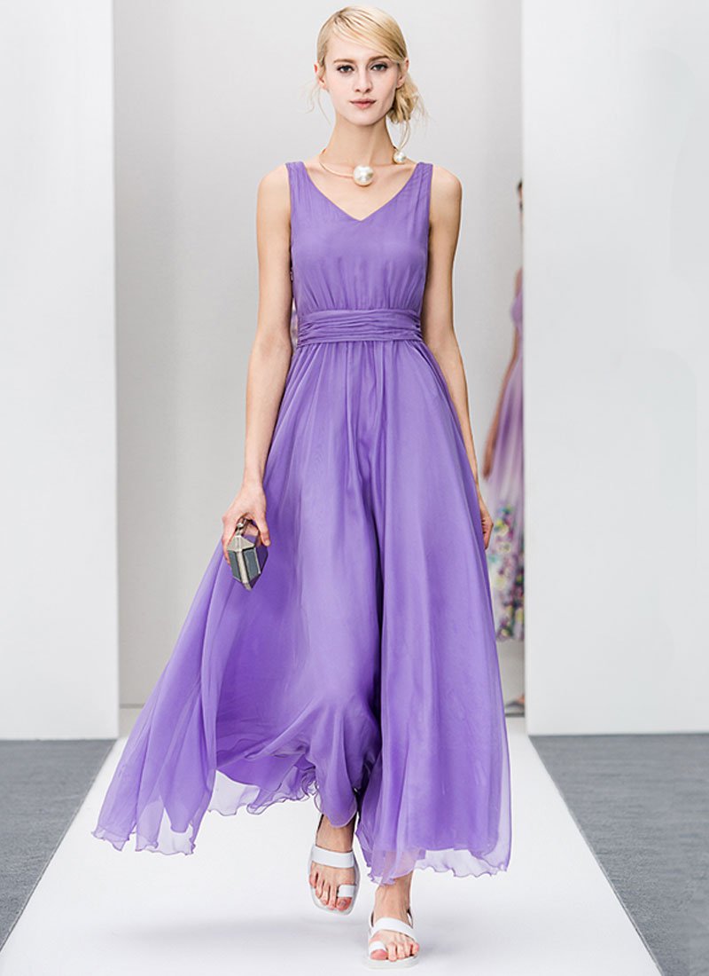 Medium Orchid Maxi Dress with V Neck V Back and Ruched Waist Yoke RM227
