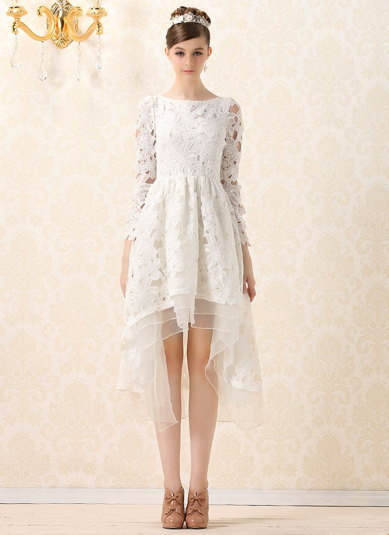 White Lace Mixi Dress with Layered Hi Lo Hem and Bow Embellishment RM229